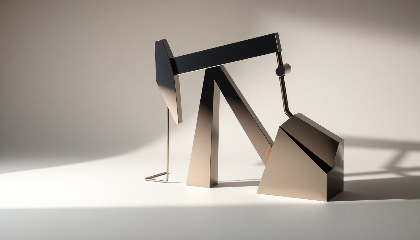 A polished, geometric metal sculpture in the shape of an oil pump jack, dramatically lit on a clean, monochromatic background, conceptually representing the abstract corporate strategy and financial risks of the oil and gas industry.
