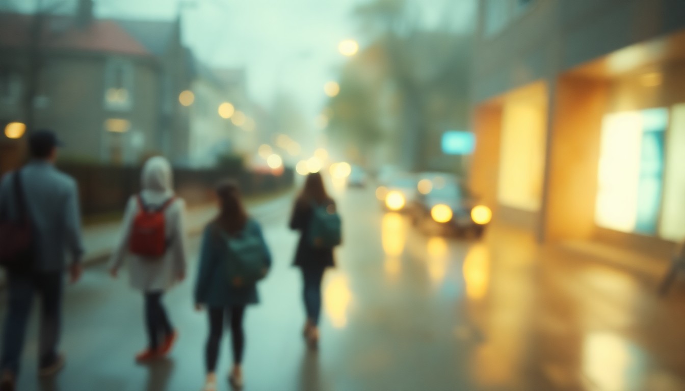 An abstract, out-of-focus photograph in warm, soft tones depicting a blurred scene of students walking to school on a rainy morning, conveying a dreamlike, introspective mood about the challenges of student attendance.