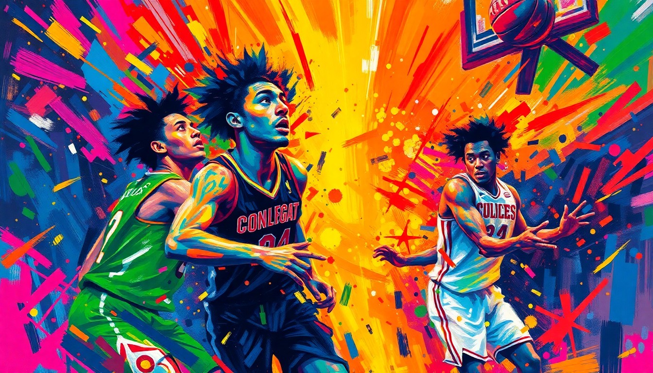An abstract, energetic painting in neon colors depicting the motion and intensity of a college basketball game, with players' forms blending into the vibrant brushstrokes.