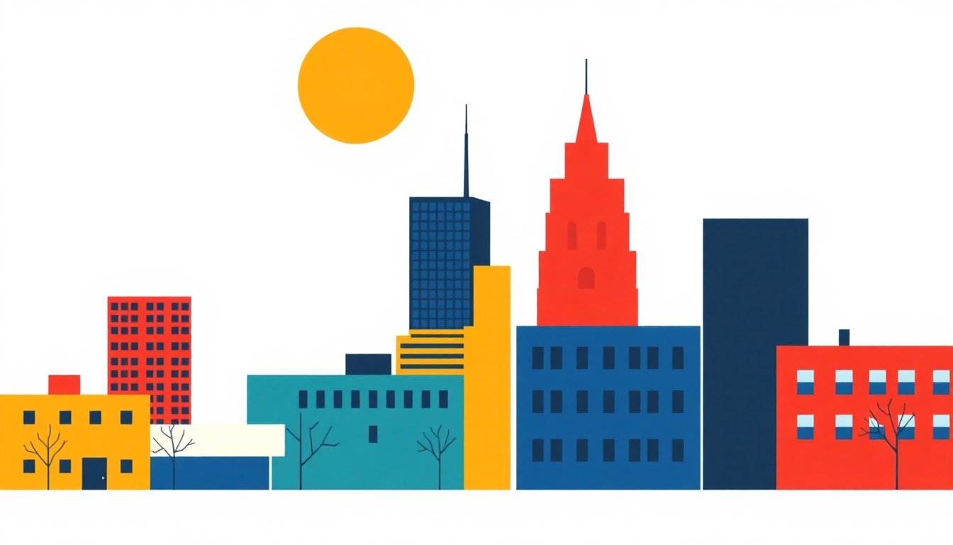 A vibrant abstract illustration using bold geometric shapes and primary colors to represent the economic opportunities and growth potential of Philadelphia's Lower South District.