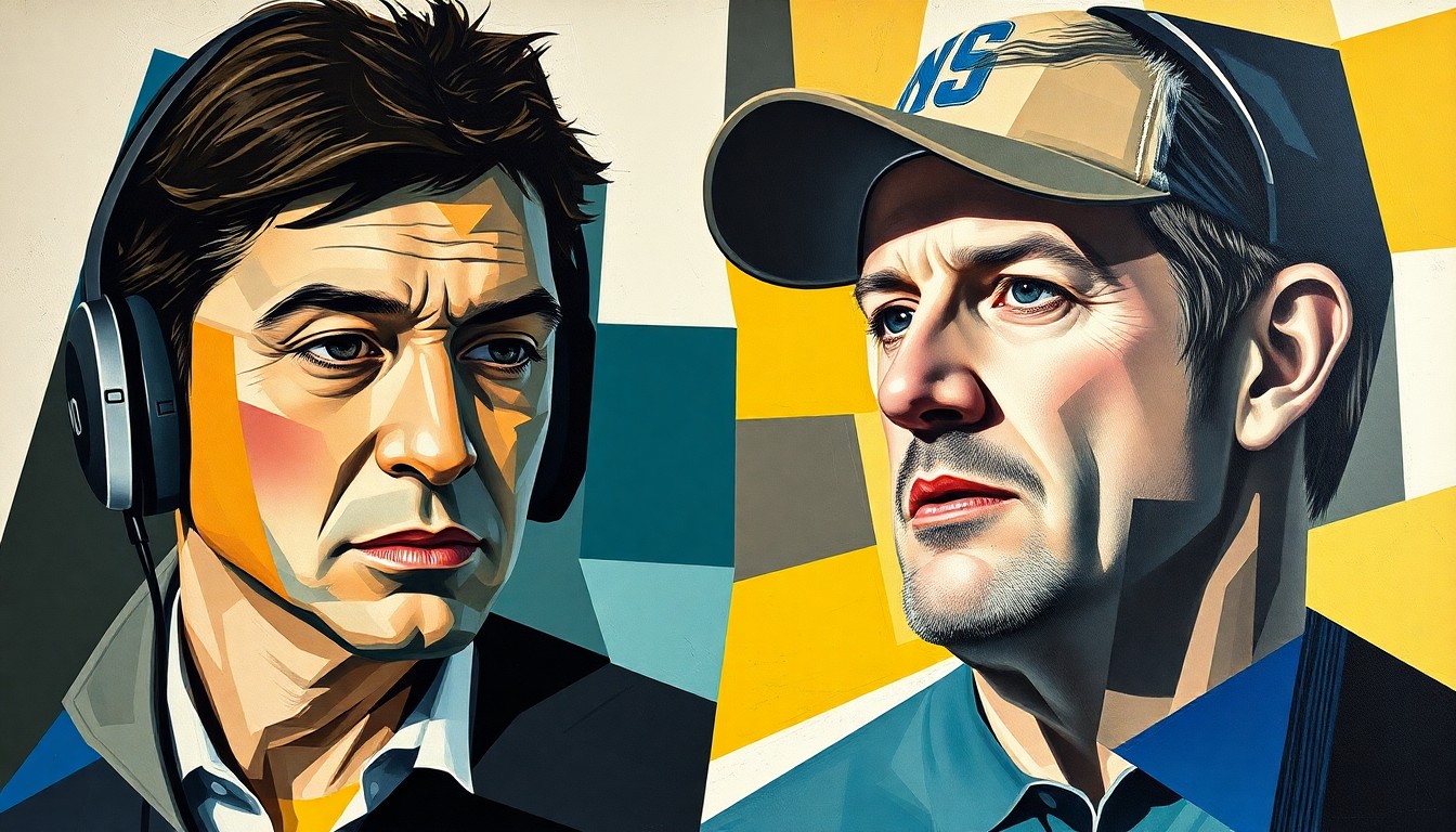 A cubist, geometric painting depicting the abstracted figures of a sports journalist and an NFL coach, their forms fractured and overlapping, conveying the complex and multifaceted nature of the scandal.