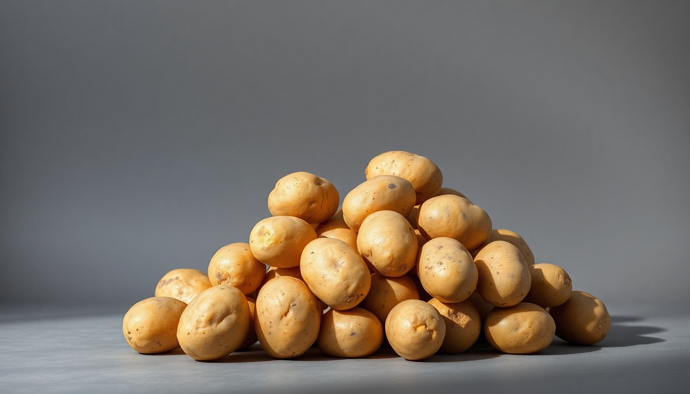 A high-end, photorealistic studio still-life photograph featuring a pile of fresh, unblemished potatoes arranged elegantly on a clean, matte grey seamless background. The potatoes are lit dramatically from the side, casting deep shadows and highlighting their smooth, earthy textures.