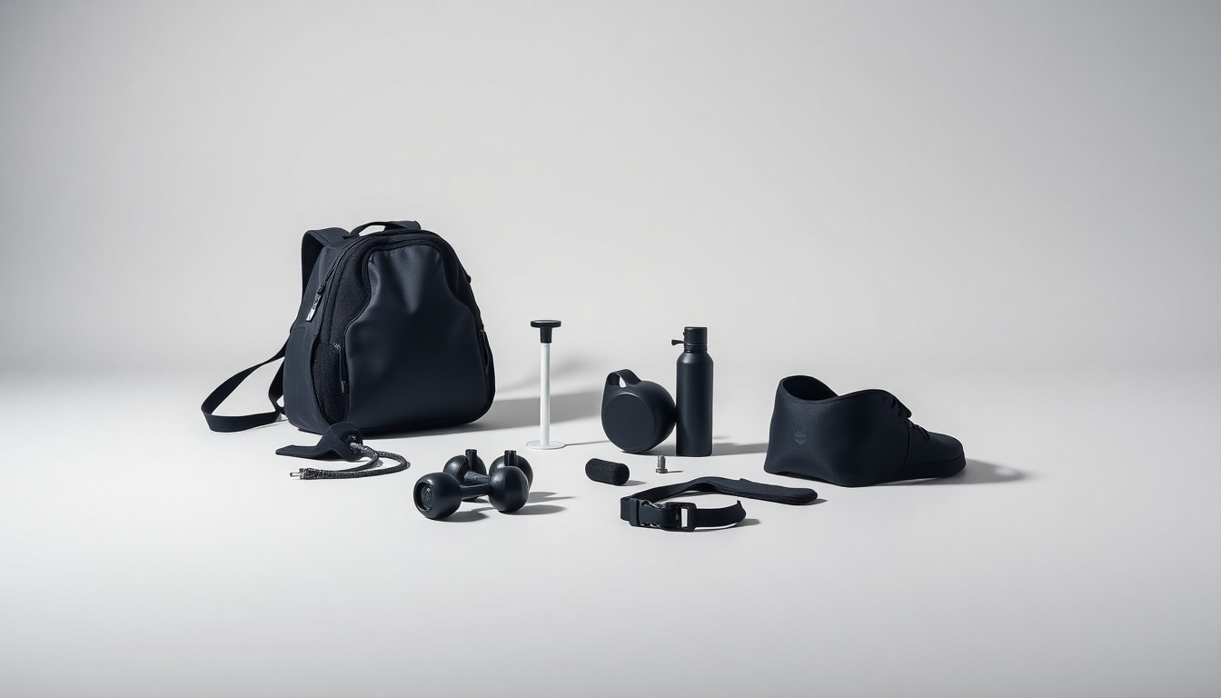 A minimalist studio still life photograph featuring a selection of polished, premium fitness equipment and accessories from the new Centr x HYROX collection at Academy Sports + Outdoors, arranged elegantly on a clean, monochromatic background with dramatic lighting, conceptually representing the high-quality, innovative gear.