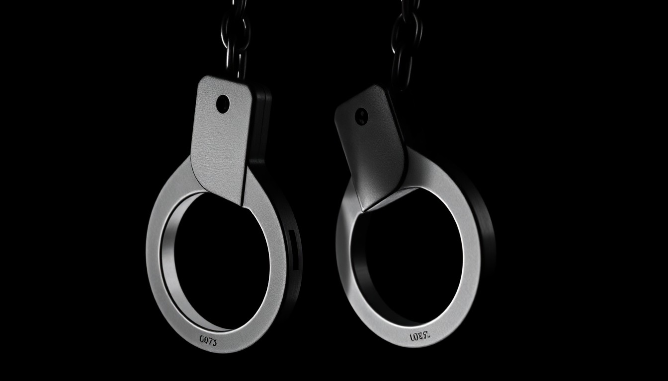 An extreme close-up photograph of a pair of handcuffs against a pitch-black background, lit by a harsh, direct camera flash, conceptually representing the serious consequences of repeat child exploitation crimes.