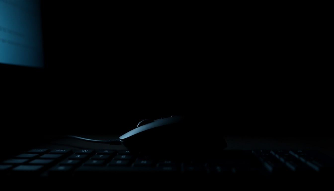 An extreme close-up photograph of a computer mouse and keyboard against a pitch-black background, lit by a harsh, direct camera flash, creating a stark, gritty, investigative aesthetic without any text or identifiable elements.