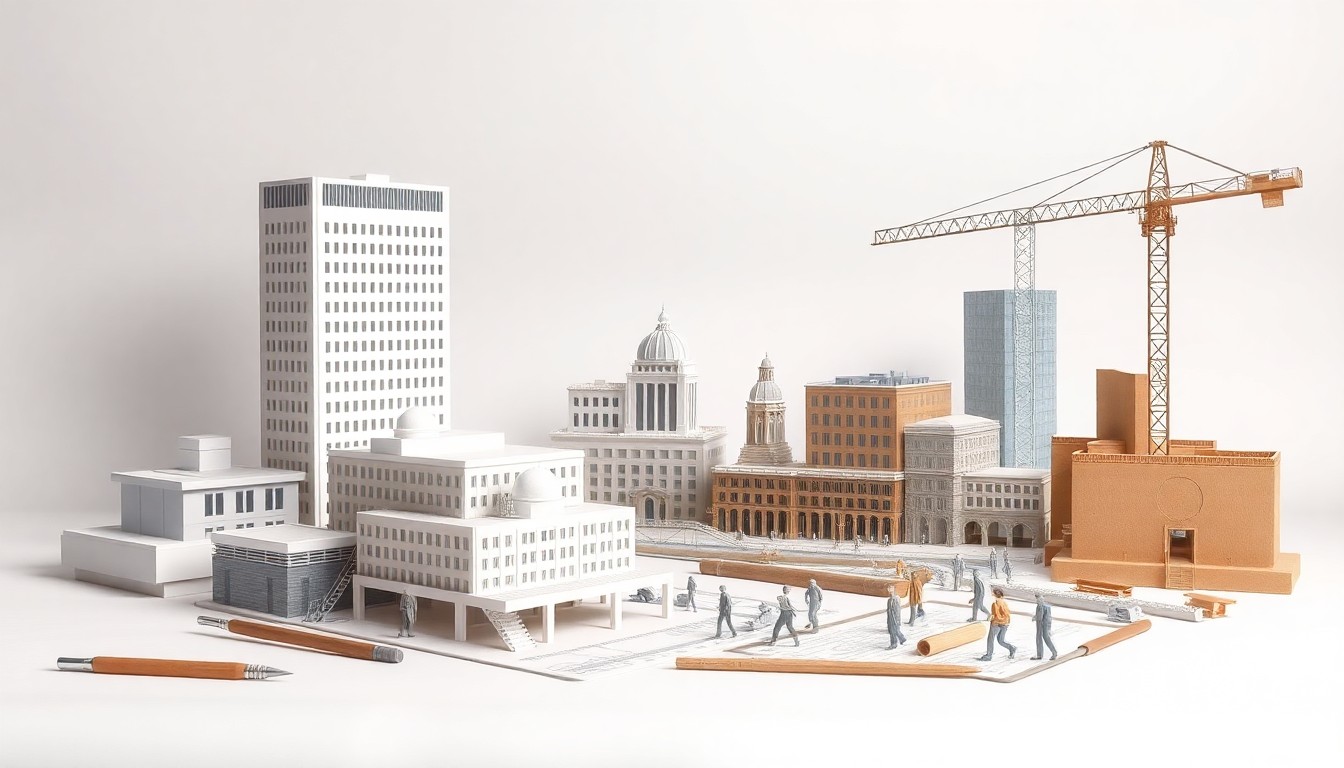 A high-end, photorealistic studio still-life featuring a collection of architectural models, scale figures, and drafting tools arranged elegantly on a clean, monochromatic background, symbolizing the planning and design process behind the Civic Center redevelopment.