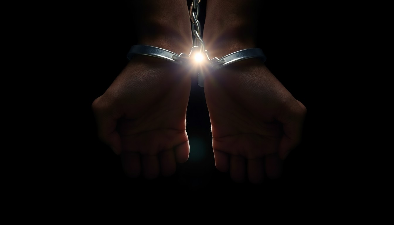 An extreme close-up photograph of a pair of handcuffed wrists, the metal cuffs reflecting a harsh, direct camera flash against a pitch-black background, conceptually illustrating the violence and tension of a police arrest.