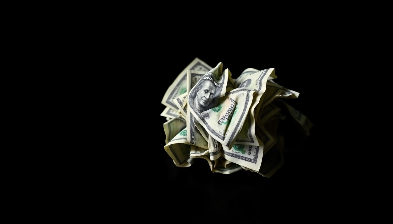 An extreme close-up photograph of a crumpled wad of cash bills against a pitch-black background, lit by a harsh, direct camera flash, conceptually illustrating the misappropriation of funds intended for local high school sports.