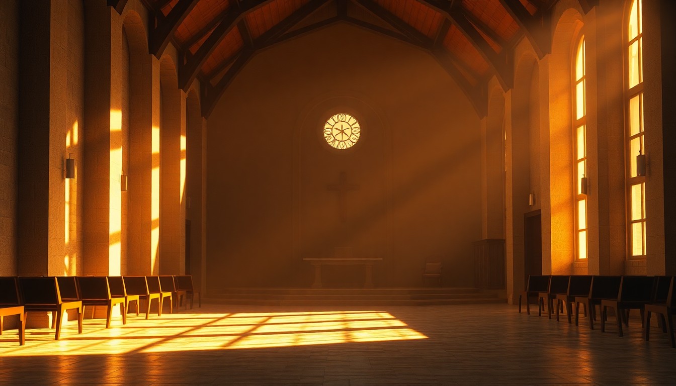 A serene, cinematic painting of an empty church sanctuary, with warm sunlight streaming through the windows and deep shadows casting a contemplative mood, conceptually representing the spiritual disconnect between the GOP and its religious supporters.