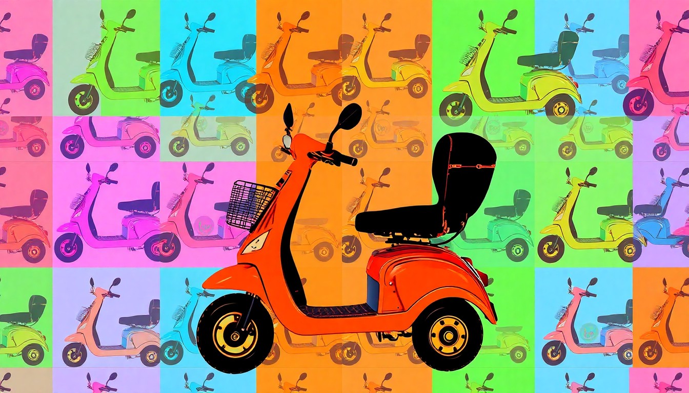 A brightly colored, high-contrast silkscreen-style illustration featuring a single mobility scooter icon repeated in a grid pattern, using flat, neon colors and heavy black outlines to transform the everyday object into a modern pop art piece.