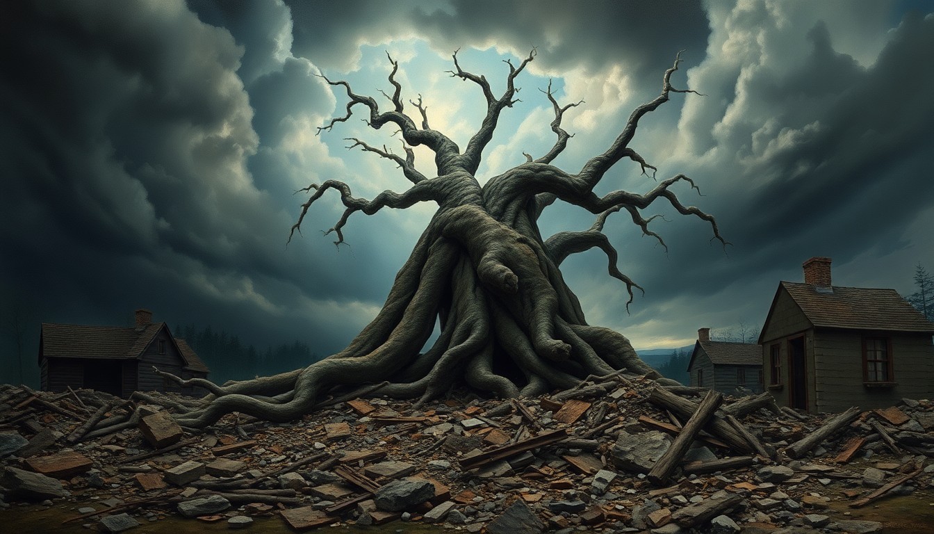 A sweeping, atmospheric landscape painting depicting a fallen, twisted tree trunk amidst the rubble of a damaged home, dwarfed by an ominous, stormy sky, conveying a sense of melancholy and the overwhelming power of nature.