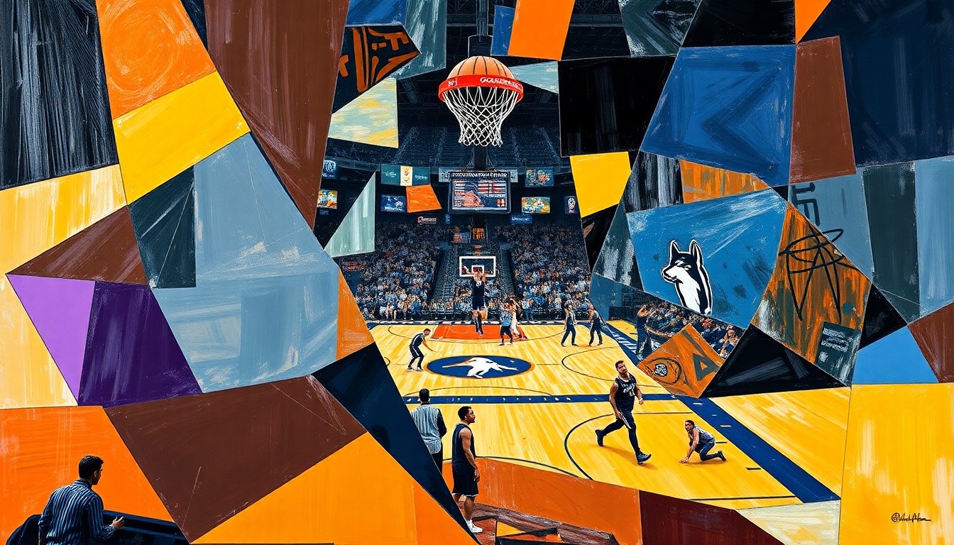 A cubist-style painting depicting a basketball game in a fractured, geometric style, with overlapping planes of color and shape representing the action on the court.