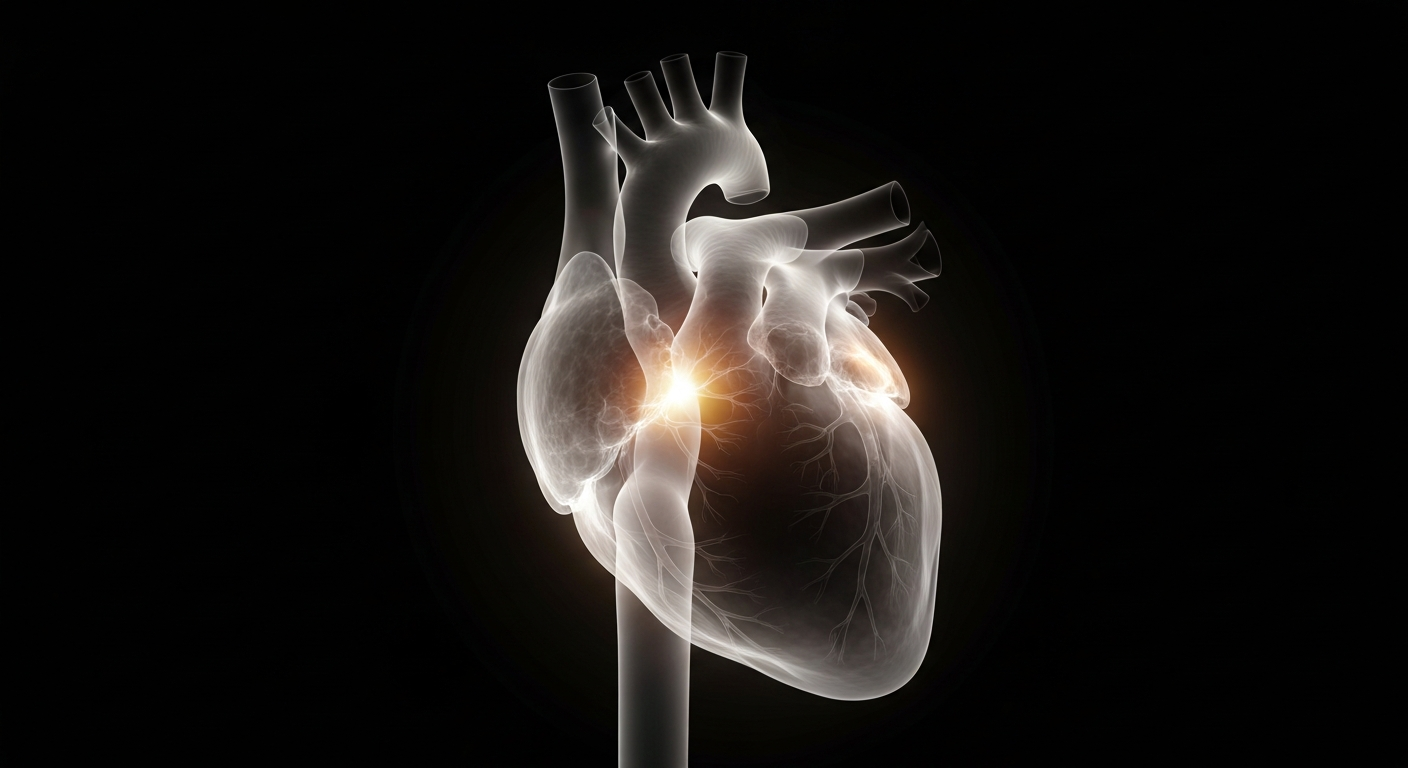 A ghostly, translucent X-ray photograph of a human heart in motion, with its intricate structure and vital function highlighted against a dark background.