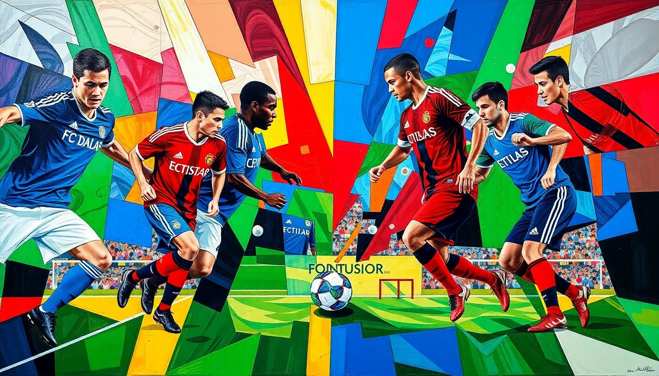 A fractured, geometric painting depicting a soccer match between two teams, with sharp planes of red, blue, and green representing the players and action on the field.