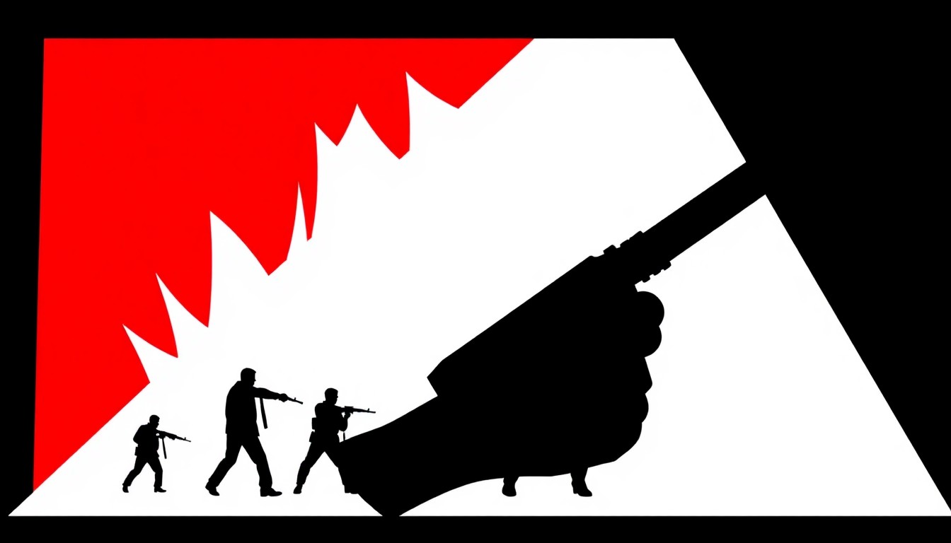 An abstract composition of jagged, geometric black silhouettes against a high-contrast red and white background, conceptually representing the Weapons horror franchise without using any text or literal imagery.