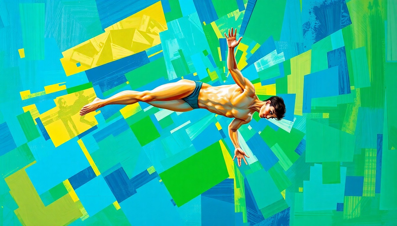 A fractured, multi-perspective painting in bold, geometric shapes and colors, depicting the fluid motion and energy of a high school diver in mid-air performance.