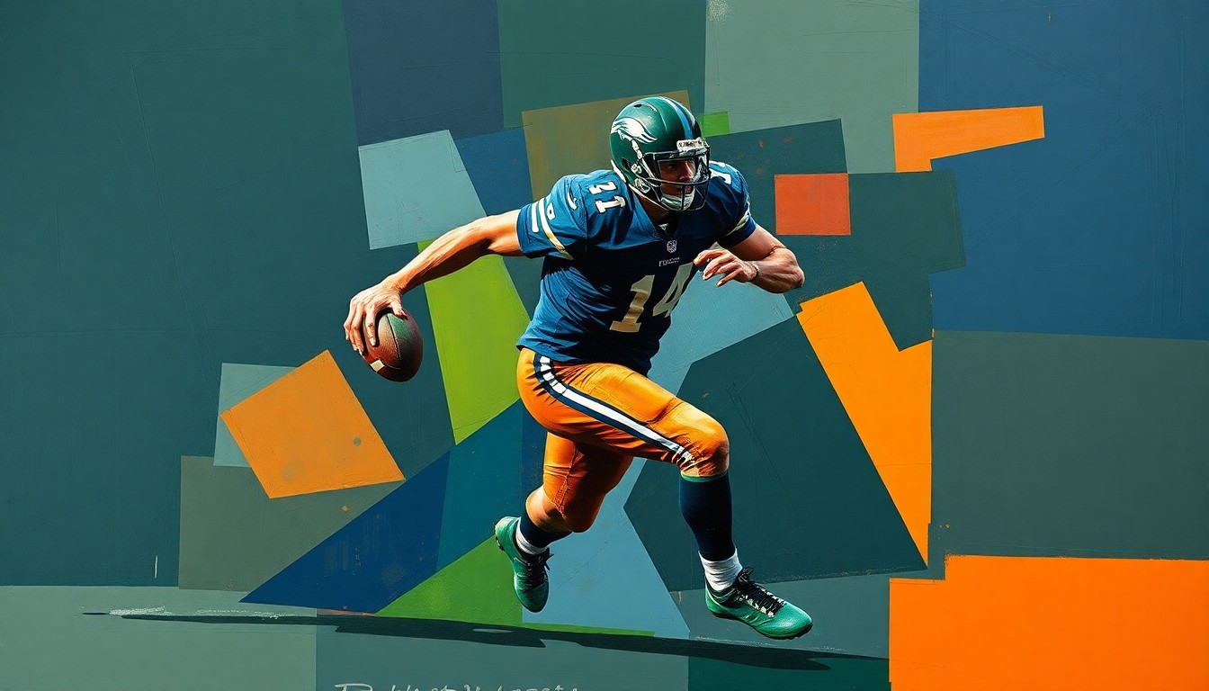 A fragmented, cubist-style painting depicting a football player in mid-motion, their form broken down into sharp, overlapping geometric shapes in shades of navy, green, and orange, conveying the complex dynamics of a potential high-profile NFL trade.