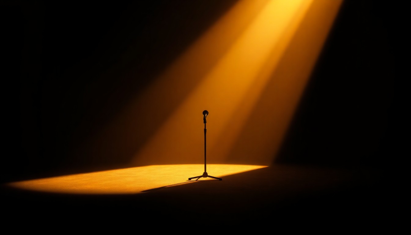 A close-up view of a solitary microphone on a dimly lit stage, with warm, diagonal sunlight and deep shadows creating a cinematic, nostalgic mood that conceptually represents the divisive national debate over racism.