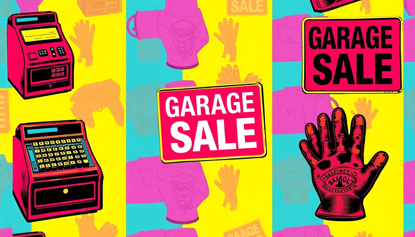 A highly stylized, abstract grid of brightly colored silkscreen images depicting classic garage sale items like a vintage cash register, a handwritten garage sale sign, and a pair of worn leather work gloves, conceptually representing the energy and spirit of a community-wide garage sale event.