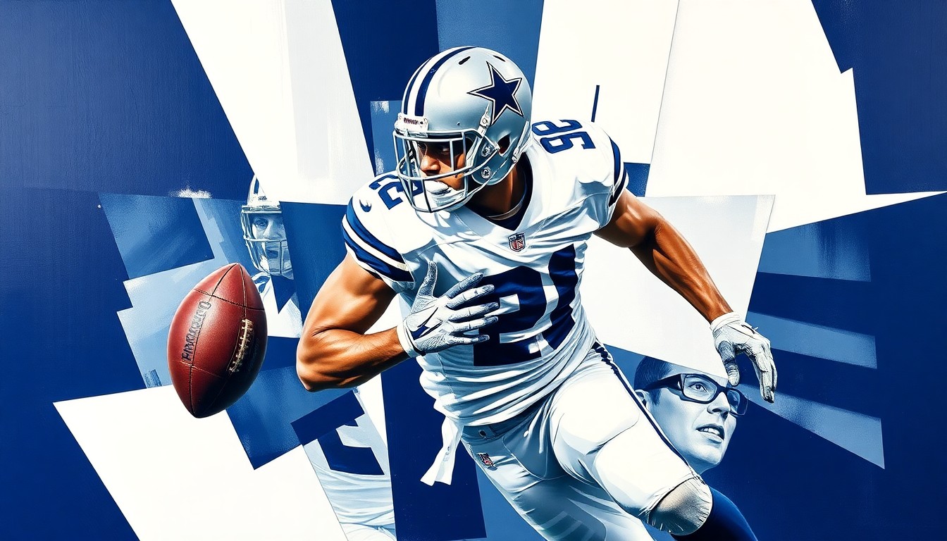 A fragmented, geometric painting depicting a football player in coverage, with sharp planes of navy blue, silver, and white representing the Dallas Cowboys' colors.