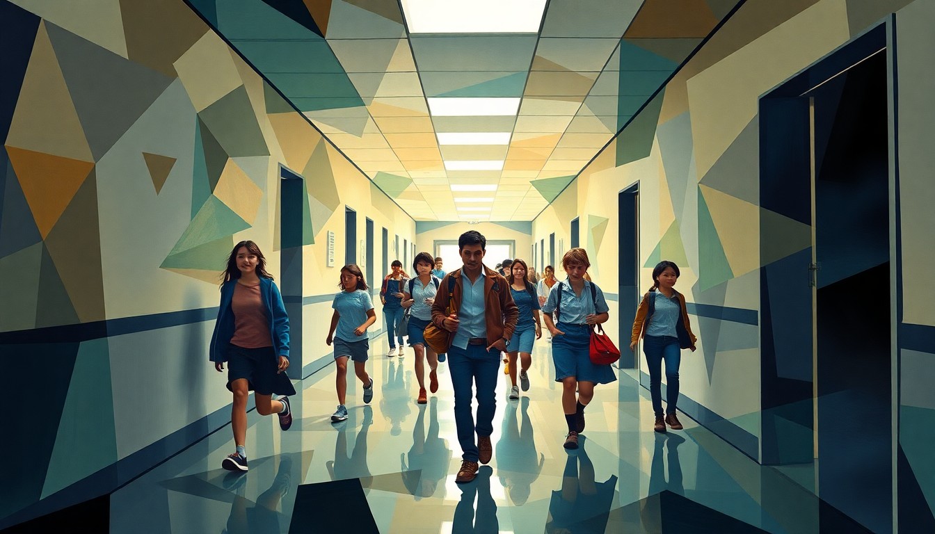 A dynamic, fragmented painting depicting the chaotic energy of a school hallway, with overlapping geometric shapes and figures in motion, conceptually representing the political tensions surrounding the issue of religion in public education.