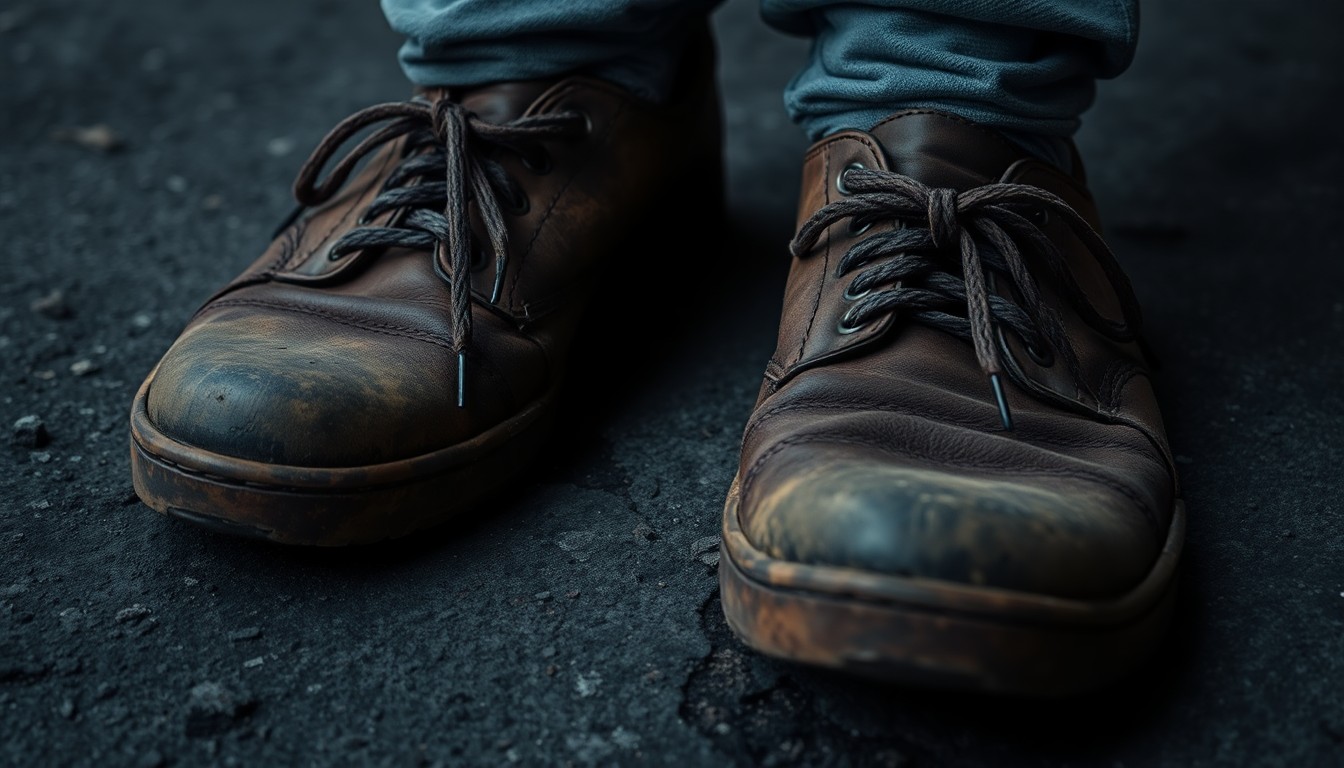 An extreme close-up photograph of a pair of worn, scuffed shoes on a dark, gritty concrete surface, conveying a sense of unease and the urgency of the missing person case.
