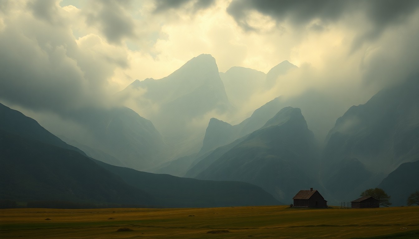A dramatic, moody landscape painting in muted tones of gray, blue, and green, with a small farmhouse or barn structure dwarfed by the towering, hazy mountains and ominous sky, conveying the sublime scale of the natural world.