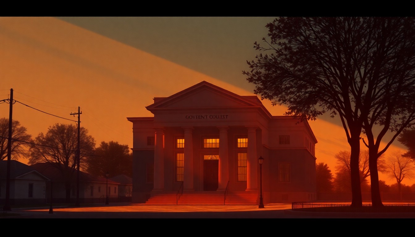A dimly lit government building or courthouse, its facade cast in dramatic shadows and warm, golden light, conveying a sense of quiet contemplation and the weight of legal and political disputes.