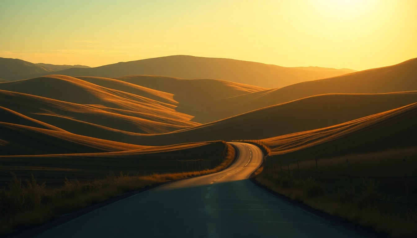 A serene, cinematic landscape painting of a rural road winding through rolling hills, with warm sunlight casting long shadows across the scene, conceptually representing the challenges of managing growth in Northwest Arkansas.