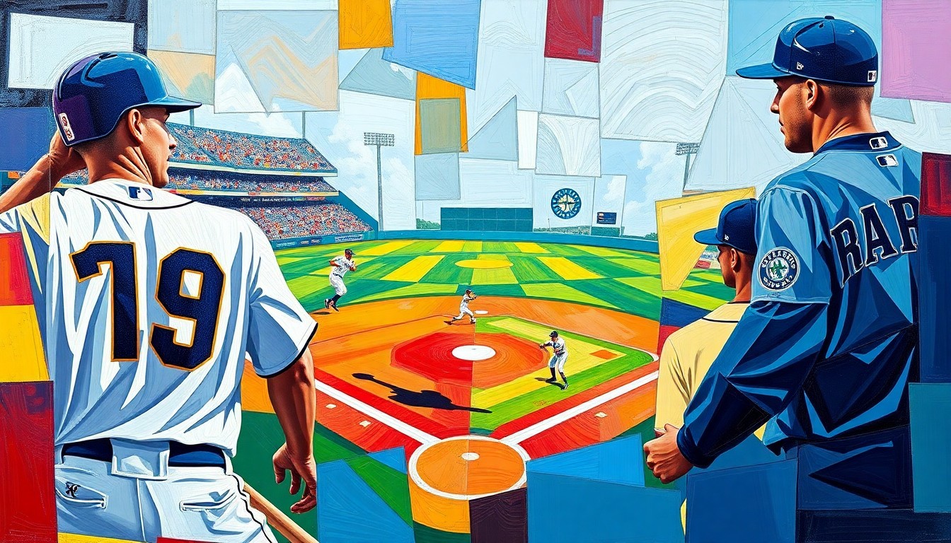 A cubist, geometric painting depicting a baseball game, with sharp, overlapping planes of color representing the players and action on the field.