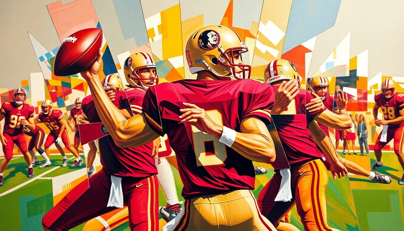 A fractured, cubist-style painting depicting a Florida State Seminoles quarterback dropping back to pass, with the player's form broken down into sharp, overlapping geometric shapes in the team's garnet and gold colors.