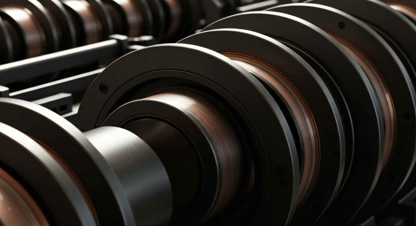 A highly detailed, black-and-white close-up image of the gears, levers, and mechanical components of an industrial financial trading system, conveying a sense of the institutional power and security behind municipal bond investments.