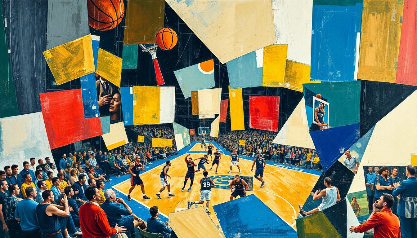 A cubist, geometric painting depicting a fragmented basketball game, with sharp, overlapping shapes and planes of color representing the dynamic action on the court.