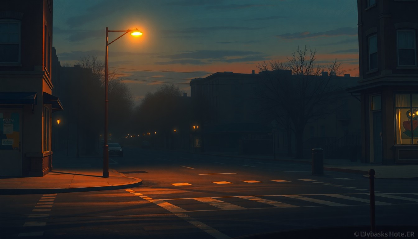 A quiet, cinematic painting of an empty city street corner at dusk, with a lone streetlight casting warm, diagonal shadows across the pavement, conceptually representing the political tensions over tipped wages in Chicago.
