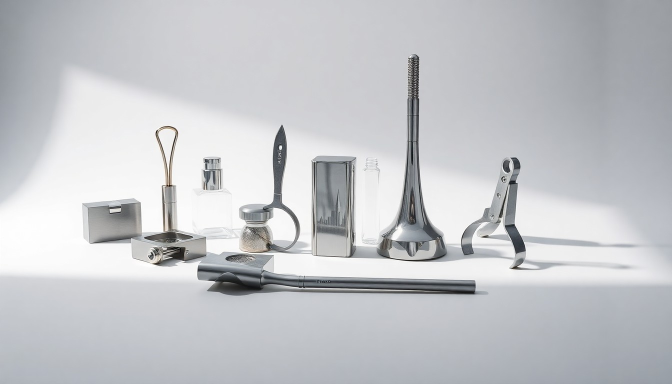 A high-end, photorealistic studio still-life photograph featuring a collection of polished, geometric objects representing the tools and equipment of the commercial property services industry, arranged elegantly on a clean, monochromatic seamless background with dramatic lighting and deep shadows, conceptually illustrating the abstract corporate challenges that led to the collapse of Tendit Group.