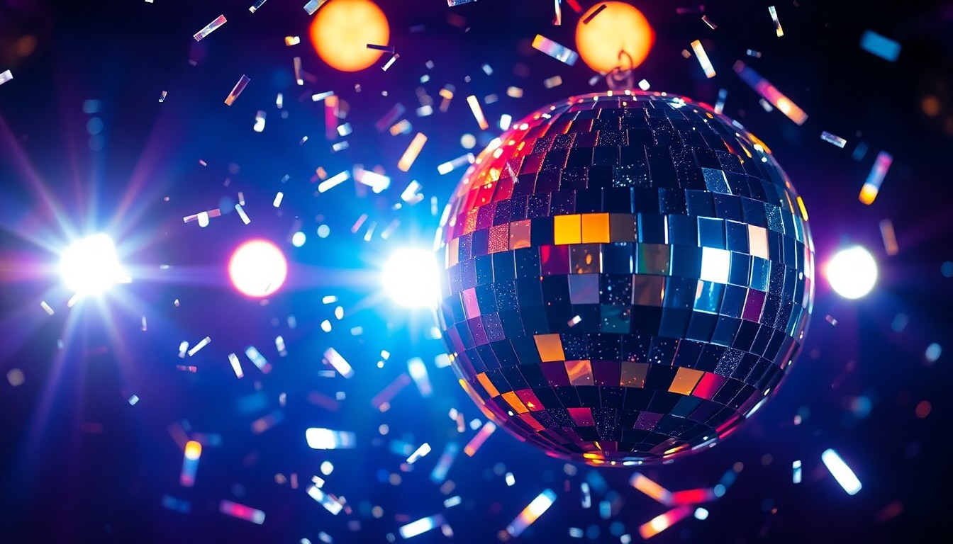 An extreme close-up photograph of shattered disco ball fragments reflecting bright stage lights, creating a glittering, high-contrast texture that evokes the energy and glamour of independent live music venues.