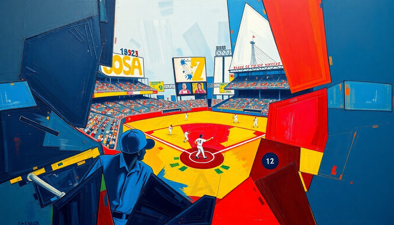 A cubist, geometric painting depicting a baseball game or action, with sharp, overlapping planes of navy blue, crimson red, and bright yellow, conveying the dynamic energy and balance of the Pirates' roster.
