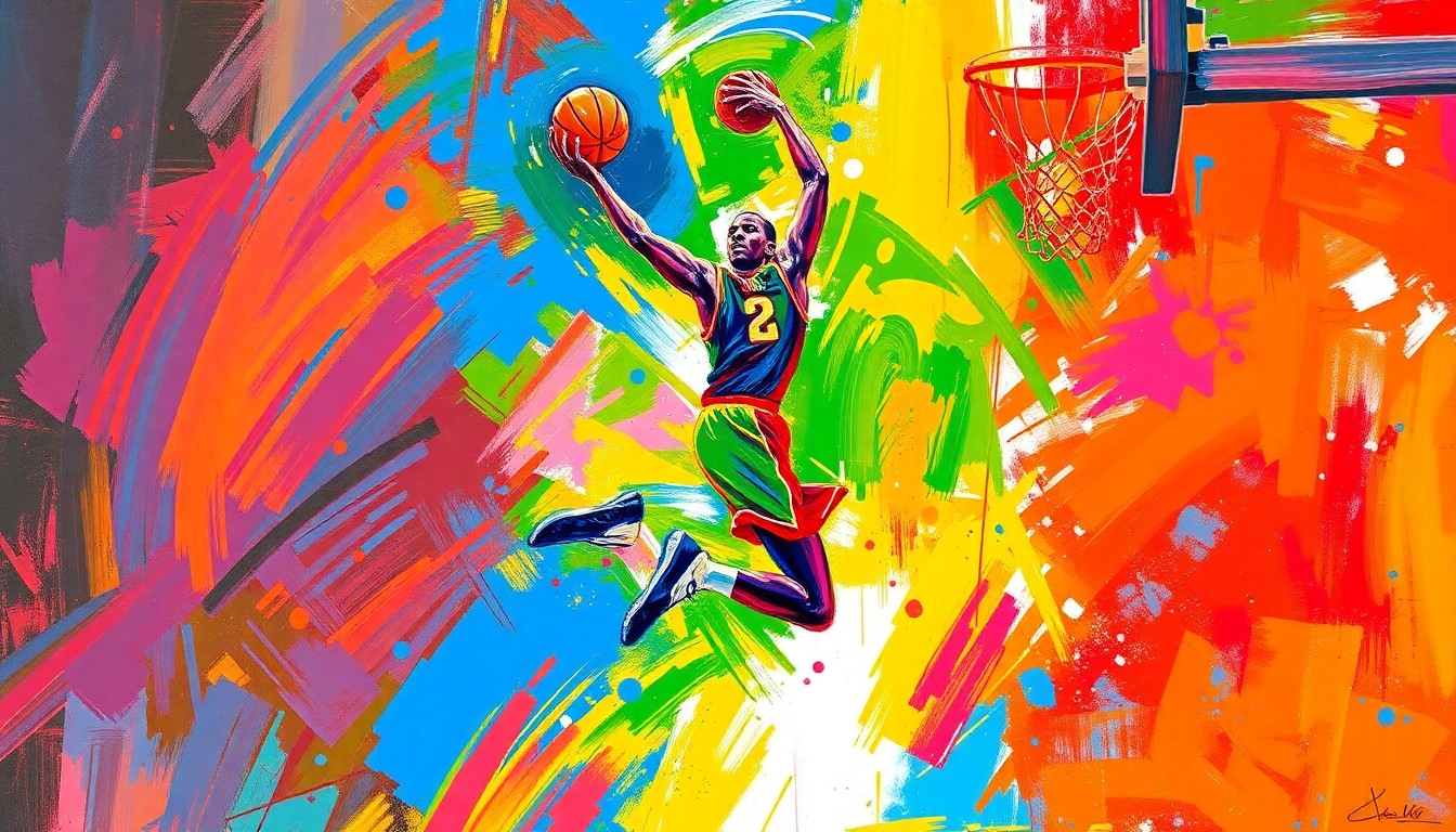 An abstract expressionist painting in vibrant neon colors, with rapid brushstrokes depicting the dynamic movement of a basketball player in mid-jump shot, their form dissolving into a blur of energy and athleticism.