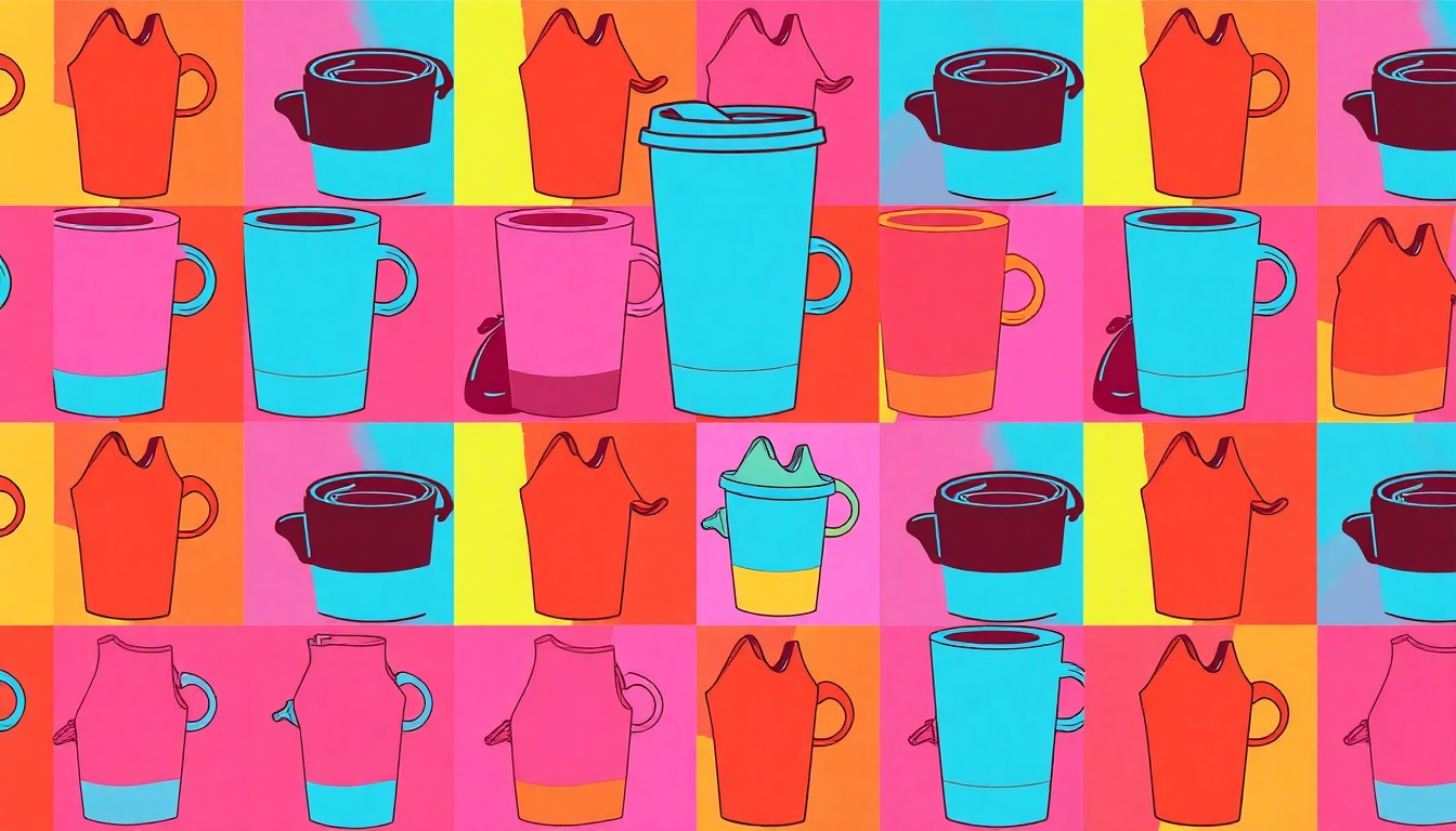 A brightly colored, high-contrast silkscreen print of a single, iconic lifestyle object repeated in a tight grid pattern, utilizing flat, vibrant neon colors and heavy black outlines to transform an everyday item into modern pop art, conceptually representing the contemplative themes of Saunders' novel.