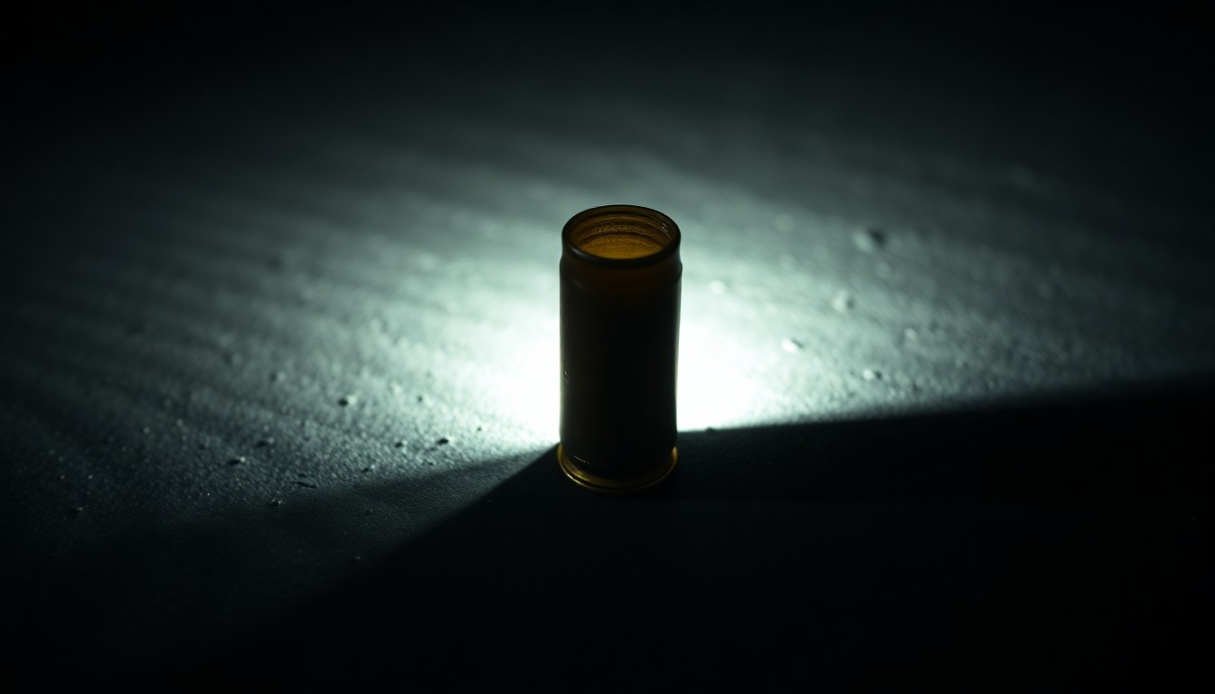 An extreme close-up photograph of a spent shell casing on a dark, textured surface, lit by a harsh camera flash, conceptually illustrating the evidence of a violent crime.
