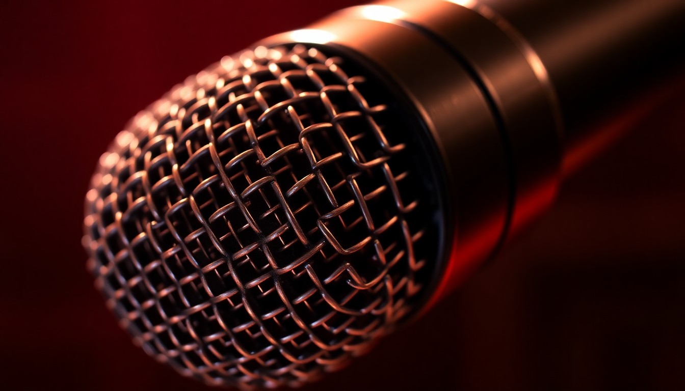 An extreme close-up photograph of a metallic microphone grill, capturing the textured, high-contrast glamour of professional music equipment in a conceptual illustration of the loss felt by the Canadian music community.
