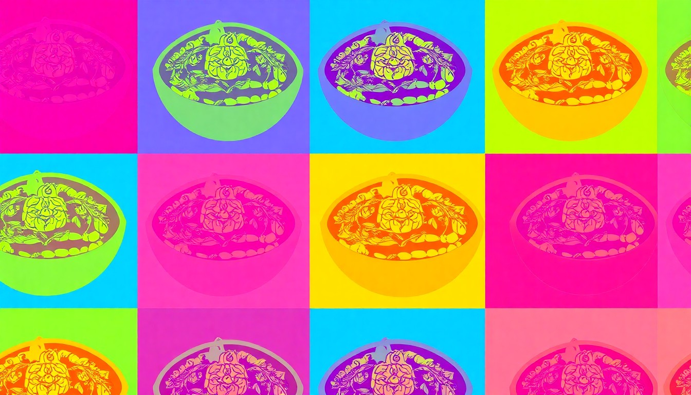 A high-contrast, silkscreen-style illustration of a Flower Child menu item, such as a vegetable bowl or wrap, repeated in a grid pattern with bold, neon colors and heavy black outlines, conceptually representing the brand's commitment to healthy, customizable dining.