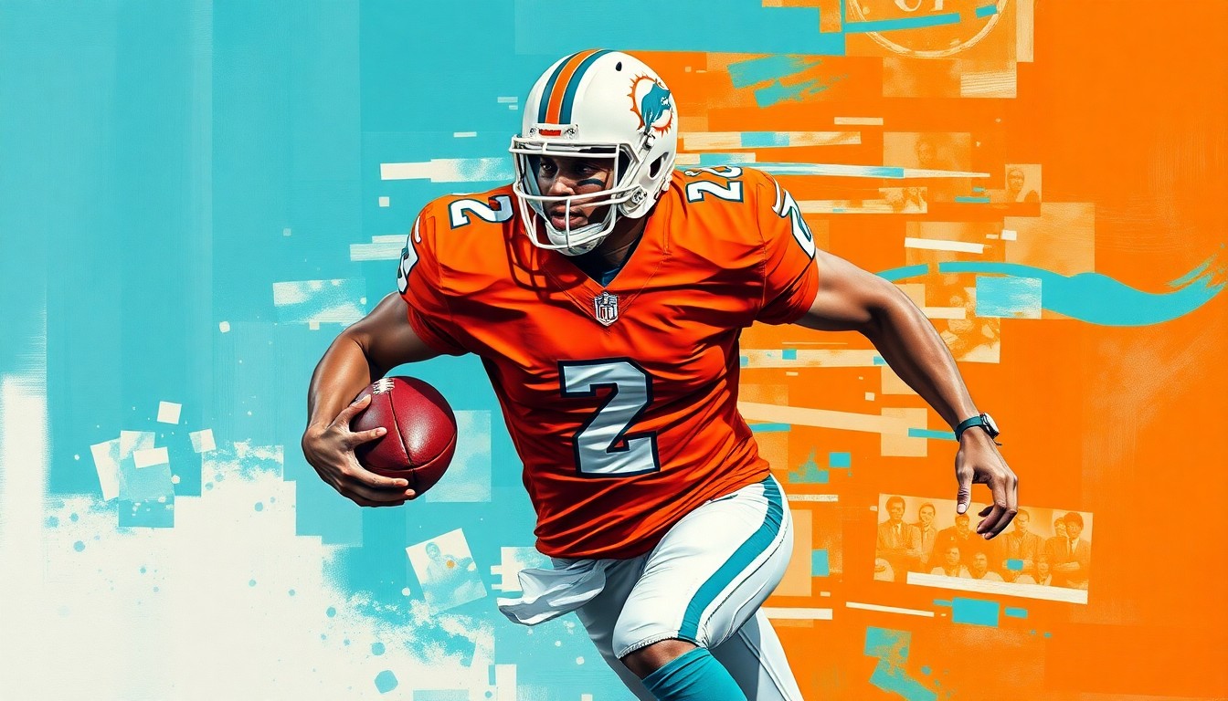 A cubist, geometric painting depicting a football player in motion, with their body broken down into overlapping planes of aqua and orange colors representing the Miami Dolphins' team colors.