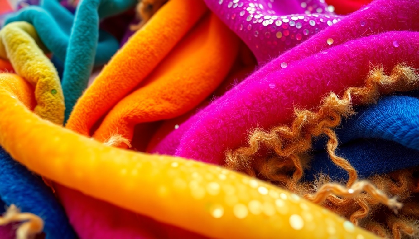 An extreme close-up of richly textured fabrics in a rainbow of colors, including plush velvet, shimmering sequins, and organic materials, conceptually representing the joyful energy of a community festival.