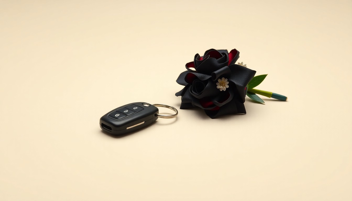 A minimalist studio still life photograph featuring a shiny black car key, a corsage, and a boutonniere elegantly arranged on a clean, monochromatic background, representing the transportation and formal attire associated with prom night.