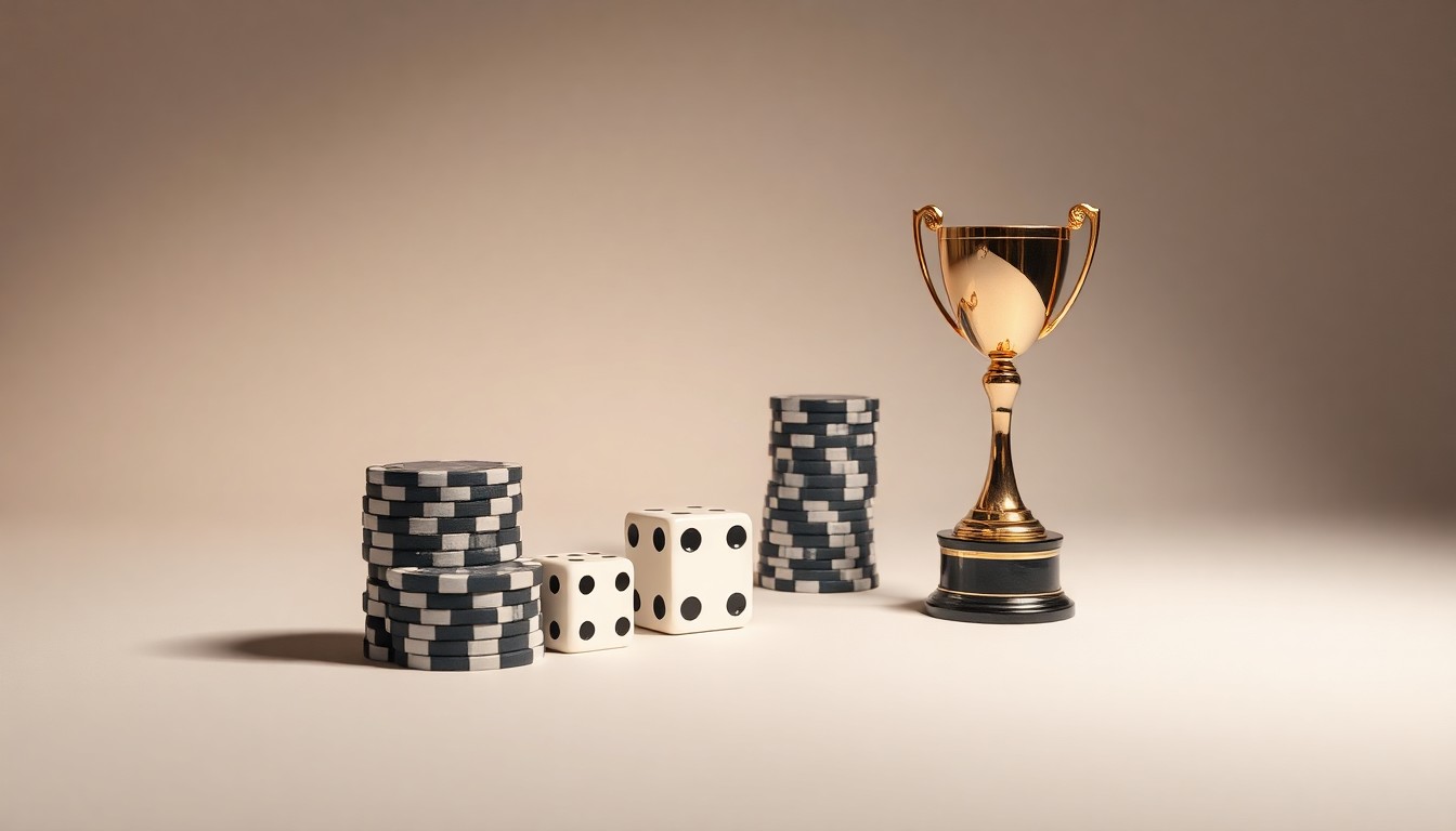 A minimalist studio still life photograph featuring a stack of casino chips, a pair of dice, and a racing trophy arranged elegantly on a clean, monochromatic background, conceptually representing the business of gambling and horse racing.