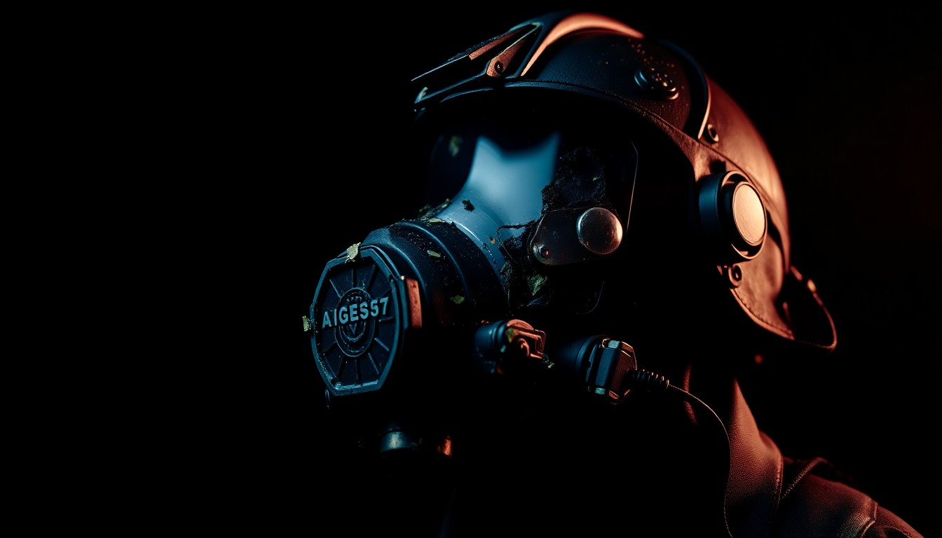 An extreme close-up photograph of a damaged firefighter's breathing apparatus, with the charred and twisted metal components starkly illuminated against a black background, conceptually representing the equipment failures that contributed to a fatal fire.