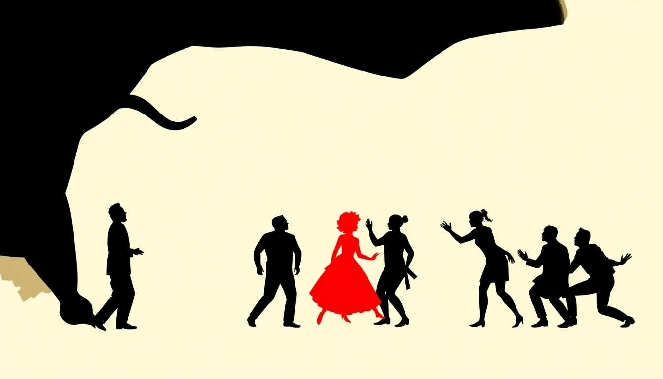 A bold, abstract illustration featuring jagged, geometric black silhouettes and shapes in high-contrast red and white, conceptually representing the physical comedy and ensemble cast of the 'Farce of Nature' theater production.