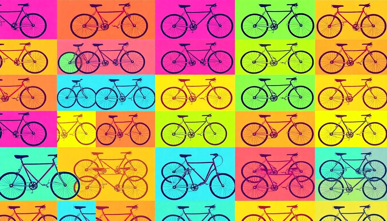A bold, colorful silkscreen-style illustration featuring a repeated bicycle icon in a grid pattern, representing the City of Bend's efforts to prioritize cycling infrastructure along the Wilson Avenue corridor.