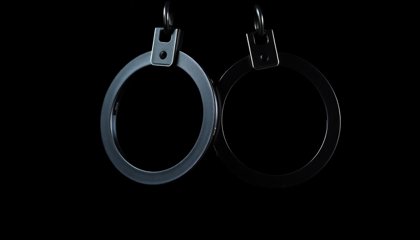 An extreme close-up photograph of a set of handcuffs against a pitch-black background, conveying a sense of mystery and investigation around a disappearance case.